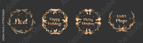 Golden Christmas wreaths with festive text Noel, Merry Christmas, Happy Holidays, and Winter Magic, for holiday cards, stickers, icons, emblems, seasonal packaging, social media. Vector illustration
