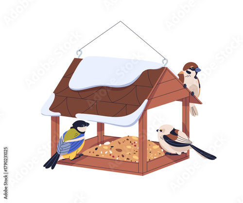 Bird feeder with seeds. Tits and sparrows eating, feeding on wooden platform box, wood tray with roof. Pecking grains from birdfeeder in winter. Flat vector illustration isolated on white background.