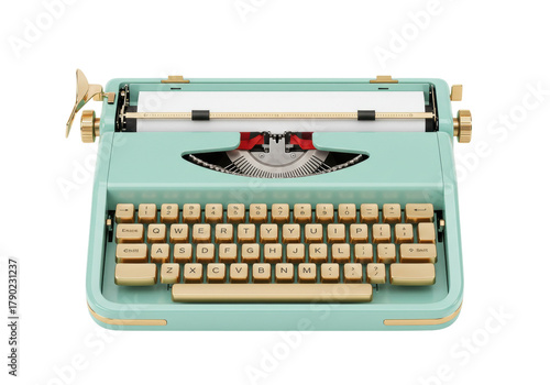 Isolated Mint green vintage typewriter on display as a retro communication tool from the past
