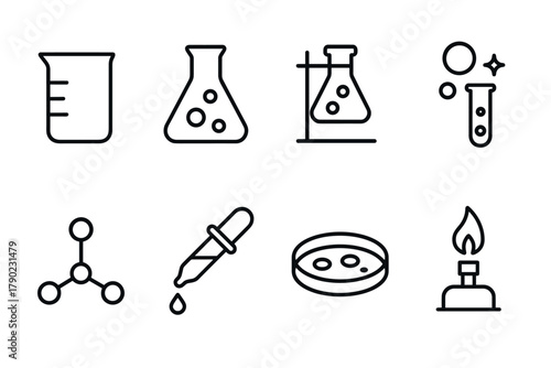 Minimalist science icons set: beaker, flask, test tube, dropper, molecule, petri dish, bunsen burner