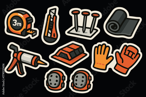 Construction tool stickers: tape measure, utility knife, nails, insulation, caulking gun, toolbox, safety gear