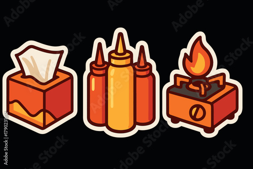Bold colorful icons of tissue box, condiment bottles, and portable stove with flames