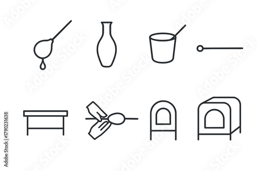 Minimalist line art icons of pottery and glassblowing tools and equipment