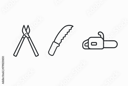 Gardening tool icons: shears, saw, chainsaw in minimal outline style