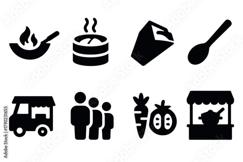 Silhouette icons of asian cuisine and food market elements