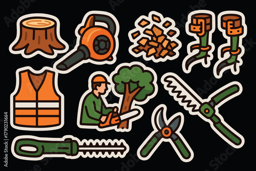 Arborist tools and equipment: chainsaw, wood chipper, pruning gear, tree worker icons