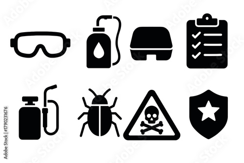 Pest control silhouette icons: goggles, equipment, insect, warning, safety