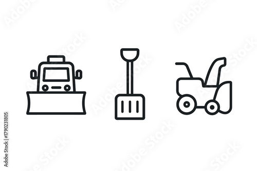 Winter equipment outline: snowplow, shovel, snowblower icons