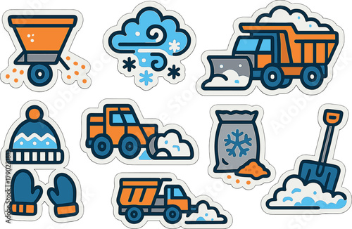 Winter equipment and vehicles sticker set with snow and cold weather elements