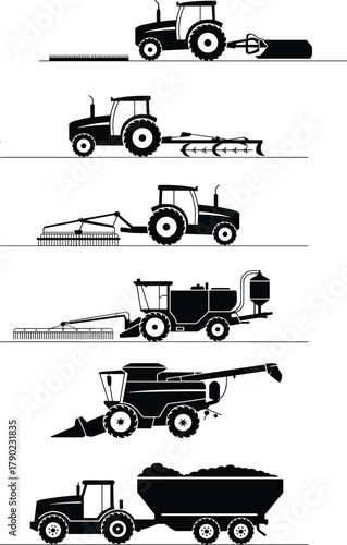 Agricultural machinery sequence, tractor with roller, plow, harrow, combine harvester, grain cart, crop harvesting stages, farm equipment vector, black and white