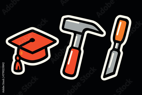 Education and construction icon set featuring grad cap, hammer, and screwdriver