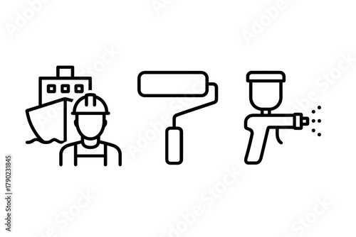 Maritime maintenance icons: shipbuilding, painting, and spraying linear symbols