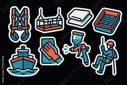 Construction safety equipment and tools in modern sticker style design