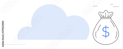 Cloud alongside a money bag signifies online financial growth, storage, and technology. Ideal for finance, technology, cloud computing, investment, savings startups innovation concepts. Simple flat
