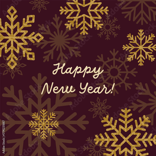 Happy New Year post card. Festive winter holiday postcard with snow, snowflak...