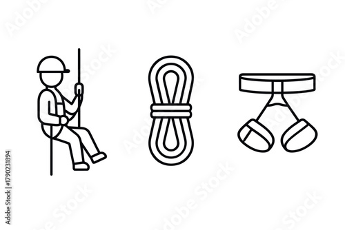 Rock climbing gear icons: climber, rope, and harness in minimalist style