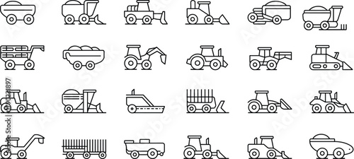 Agricultural and construction vehicles icon set, tractors, harvesters, loaders, bulldozers, farming machinery, heavy equipment outline vector illustration, industrial and agricultural machine design