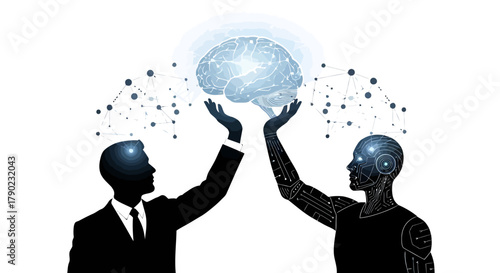 Human and AI collaboration for innovative solutions with shared intelligence, showcasing brainstorming and data analytics for business technology advancements