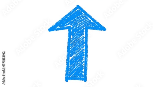 Bright blue upward arrow with sketchy texture pointing straight up on a clean white background