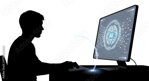 Innovative future unfolds as silhouette codes with AI interface, unlocking digital potential and driving technological advancements in a modern workspace