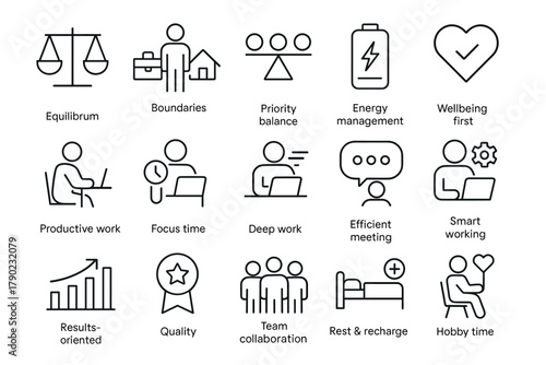 Work-life balance icons: productivity, energy management, and wellbeing symbols