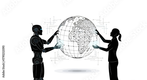 Futuristic collaboration with AI robot and businesswoman touching a wireframe globe, symbolizing global tech solutions and advanced data sharing worldwide