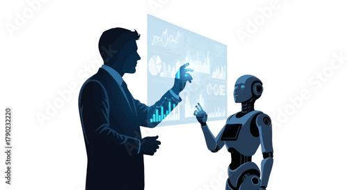 Futuristic collaboration between businessman and robot analyzing data on transparent screen for business insights in modern tech environment