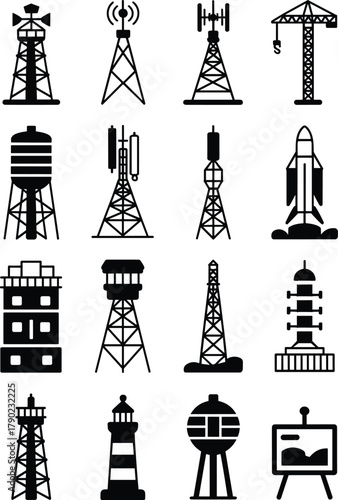 Communication and industrial tower silhouette collection, signal antenna and transmission mast icons, construction crane, water tank, lighthouse, space rocket, vector infrastructure design elements