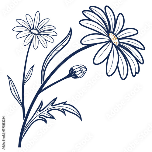 Blue Daisy Line Art with Bud and Leaves