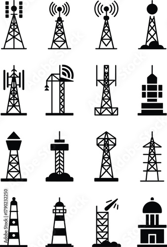 Communication tower icon collection, transmission antenna design, telecommunication signal tower 