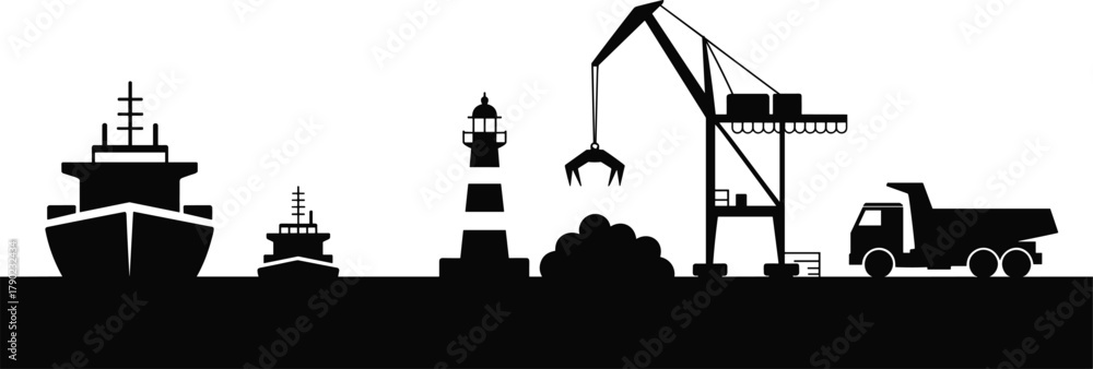 Fototapeta premium Industrial port silhouette, cargo ship, lighthouse, crane, dump truck, harbor logistics, maritime transport, shipping dock, black and white, gravel pile, freight terminal, nautical scene