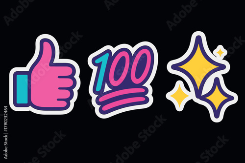 Colorful emoji set with thumbs up, hundred, and sparkles on black background