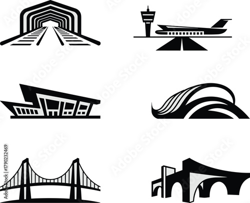 Iconic architectural landmarks, airport terminal, airplane, bridge, tunnel, modern building, transportation infrastructure, urban architecture, travel design, engineering icons, vector illustration, 