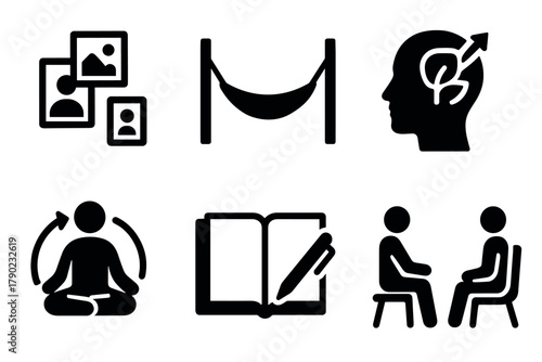 Set of black icons on relaxation, mindfulness, and creativity
