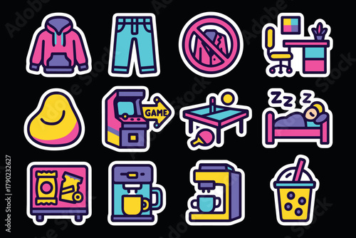 Colorful sticker icons: hoodie, jeans, and fun recreational activities set