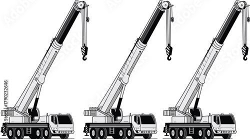 Mobile crane silhouette, truck-mounted crane vector, telescopic boom illustration, construction equipment, heavy lifting machinery, black and white engineering art