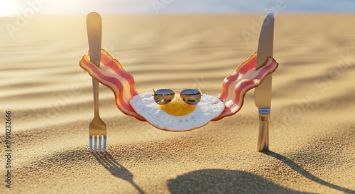 Whimsical sunny side up egg wearing sunglasses relaxing in a bacon hammock on a sandy beach