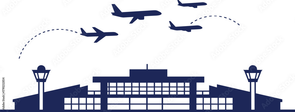 Obraz premium Modern airport terminal silhouette with flying airplanes, aviation travel concept, transportation hub illustration, air traffic control tower design, global