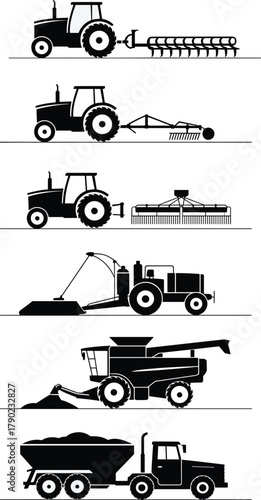 Modern agricultural machinery silhouette set, tractor and harvester icons, farm equipment illustration, farming industry concept, rural agriculture technology, crop production tools vector design