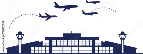 Modern airport terminal silhouette with flying airplanes, aviation travel concept, transportation hub illustration, air traffic control tower design, global 