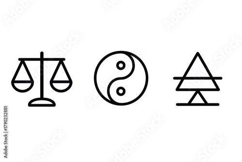 Balance icon set: yin yang, justice, and nature symbols in minimalist style