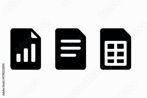 Minimalistic document icons for data, text, and spreadsheet applications