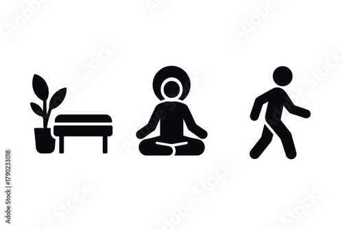 Minimalist icons: meditation, nature, and movement in simple silhouettes