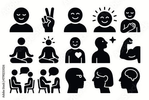 Collection of positive human icons in minimalist silhouette style for mindfulness and communication themes