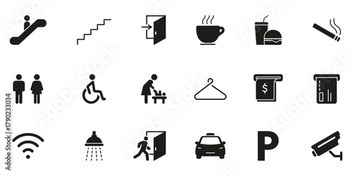 Public Facility And Service Icons Solid Icon Set. Accessibility, Amenities and Convenience Silhouette Symbol Collection. Includes Stairs, Exit, Coffee and Fast Food. Isolated Vector Illustration