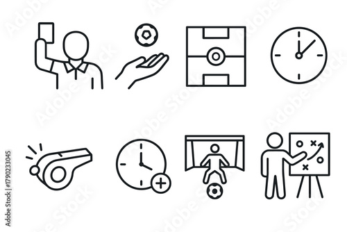 Linear soccer elements: referee, field, clock and strategy icons