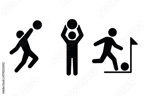 Silhouette sports icons: basketball, handball, and soccer actions