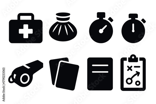 Silhouette sports and fitness icons set featuring stopwatch, medical kit, whistle, and strategy clipboard