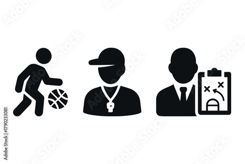 Silhouette icons of basketball player, coach, and strategy planner