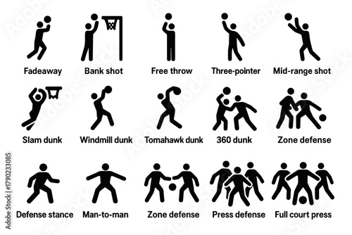 Silhouette basketball moves and defense icons for sports infographics